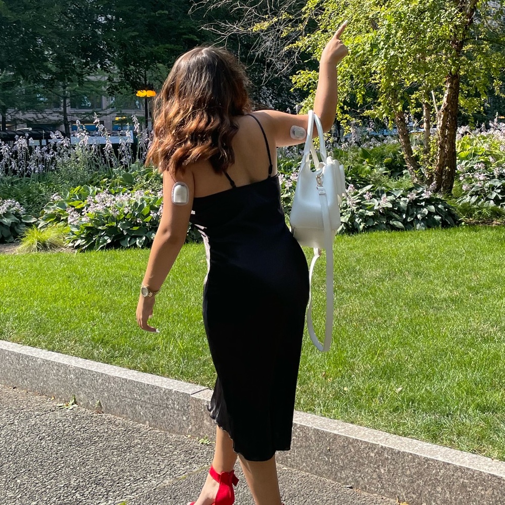 Black satin knee length dress